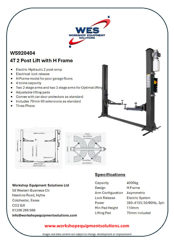 WS920404 4T 2 Post Lift with H frame product sheet, lift photographs and technical drawings