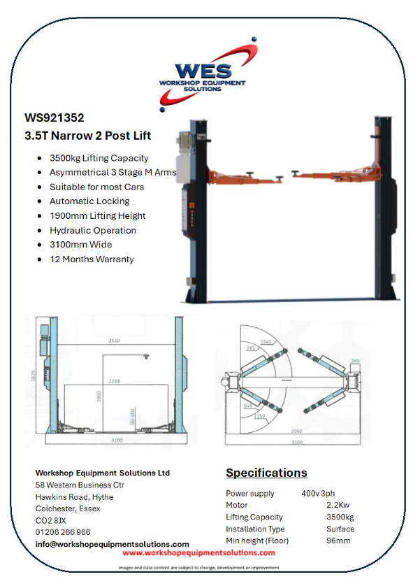 WS921352 3.5T Narrow 2 Post Lift product sheet with lift photographs and technical drawings