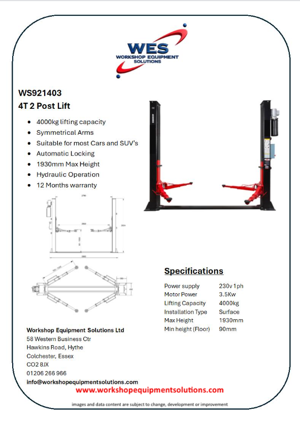 WS921403 4T 2 Post Lift product sheet with lift photographs and technical drawings