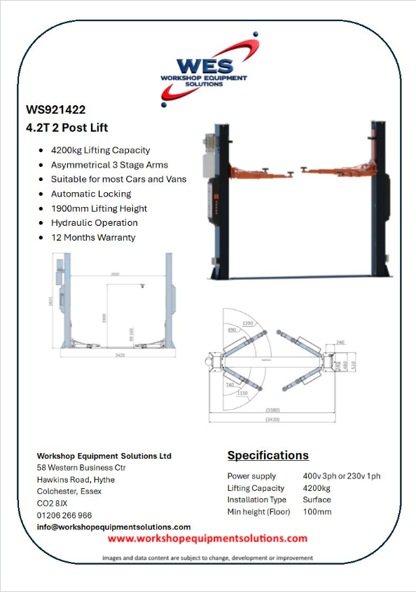 WS921422 4.2T 2 Post Lift product sheet with lift photographs and technical drawings