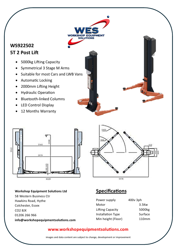 WS921502 5T 2 Post Lift with Bluetooth-linked columns product sheet, lift photographs and technical drawings