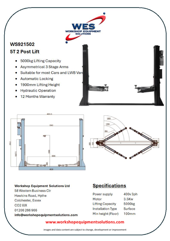 WS921502 5T 2 Post Lift product sheet with lift photographs and technical drawings