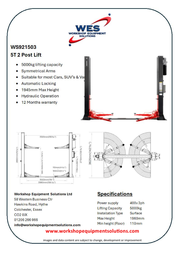 WS921503 5T 2 Post Lift product sheet with lift photographs and technical drawings