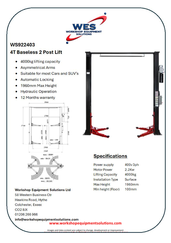 WS922403 4T Baseless 2 Post Lift product sheet with lift photographs and technical drawings