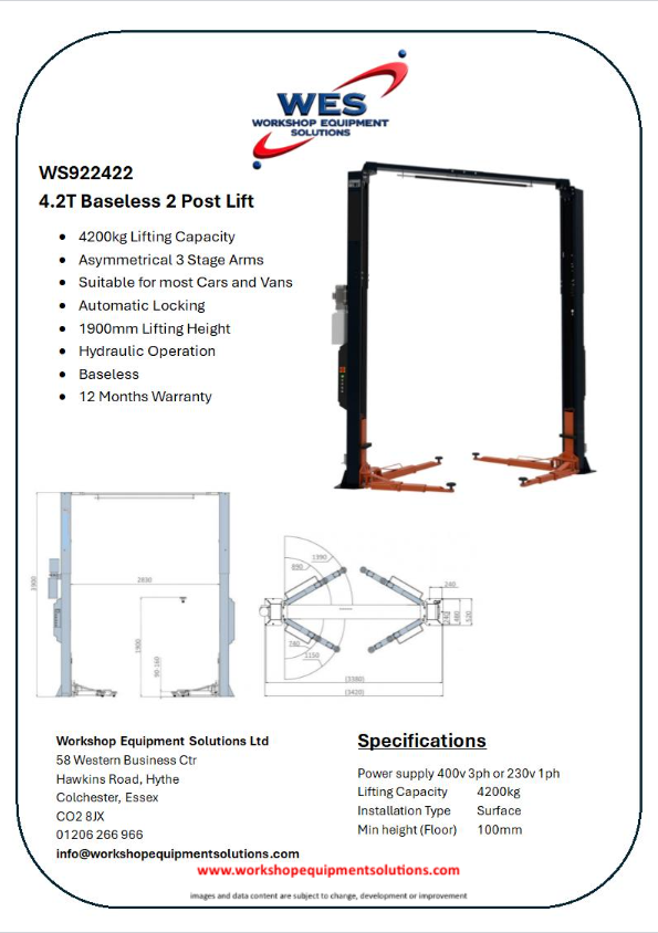 WS922422 4.2T Baseless 2 Post Lift product sheet with lift photographs and technical drawings