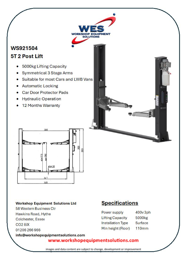 WS922504 5T 2 Post Lift product sheet with lift photographs and technical drawings