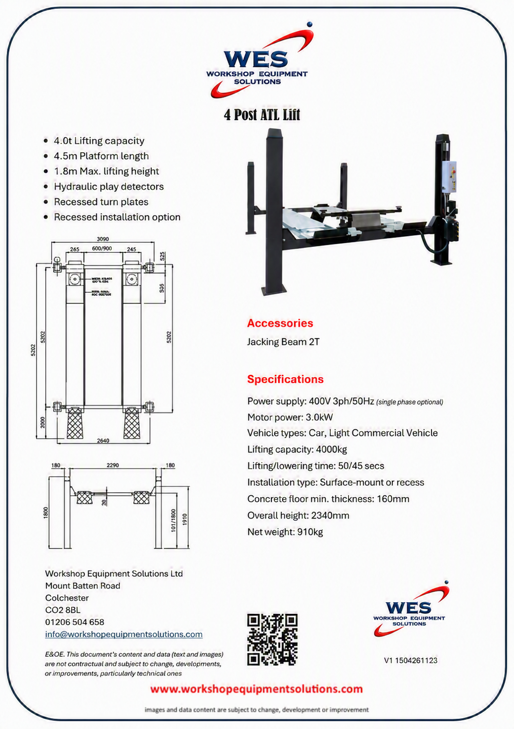 4 Post ATL Lift product sheet with lift photographs and technical drawings