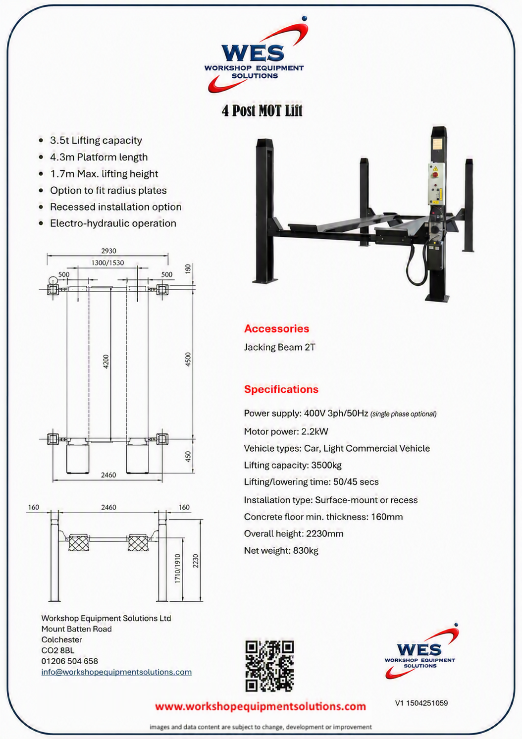 4 Post MOT Lift product sheet with lift photographs and technical drawings
