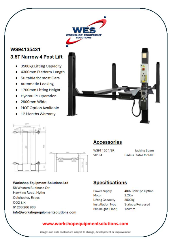WS94135431 3.5T Narrow 4 Post Lift product sheet with lift photograph and technical drawings