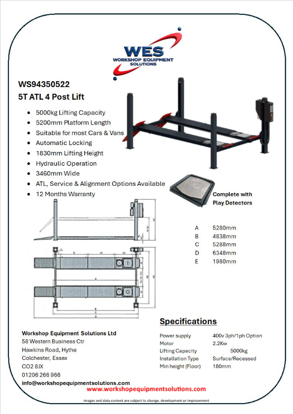 WS94350522 5T ATL 4 Post Lift product sheet with lift photograph and technical drawings