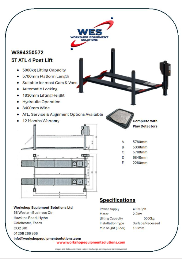 WS94350572 5T ATL 4 Post Lift product sheet with lift photograph and technical drawings