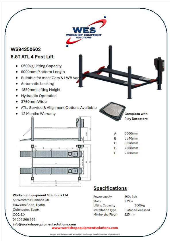 WS94350602 6.5T ATL 4 Post Lift product sheet with lift photograph and technical drawings