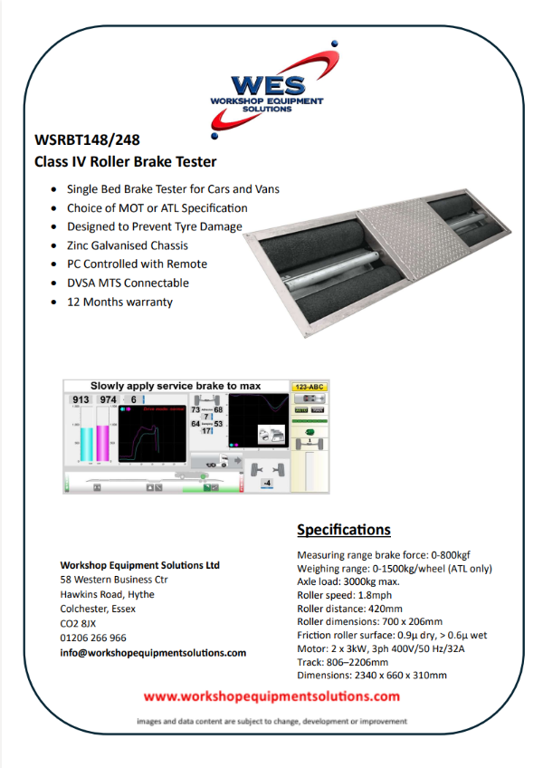 WSRBT148/248 Class IV Roller Brake Tester product sheet with tester and control-screen photographs