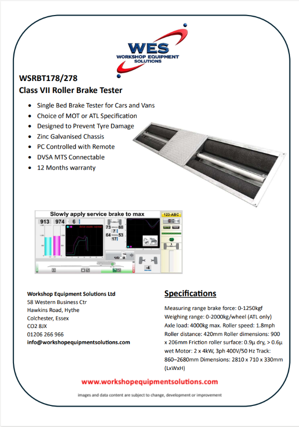 WSRBT178/278 Class VII Roller Brake Tester product sheet with tester and control-screen photographs