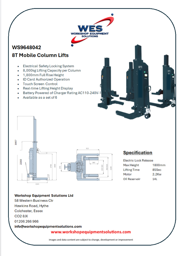WS9648042 8T Mobile Column Lifts product sheet with lift photograph and technical drawings