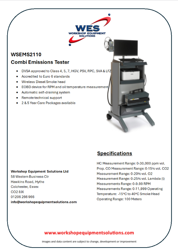WSEMS2110 Combi Emissions Tester product sheet with testing unit photograph