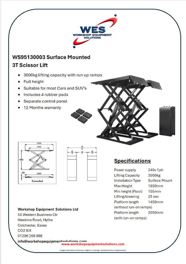 WS95130003 Surface Mounted 3T Scissor Lift product sheet with lift photograph and technical drawings