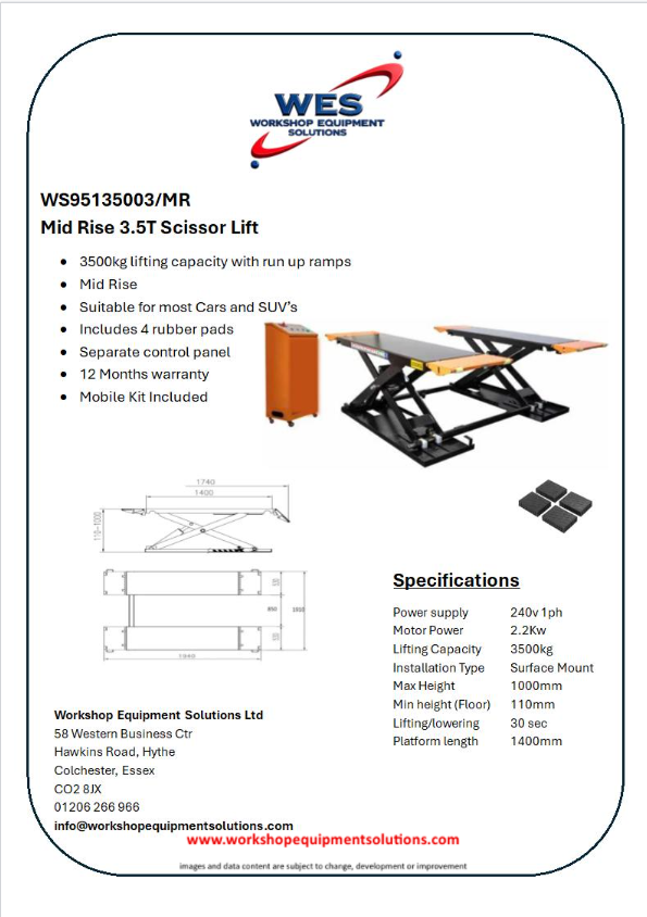WS95135003/MR Mid Rise 3.5T Scissor Lift product sheet with lift photograph and technical drawings