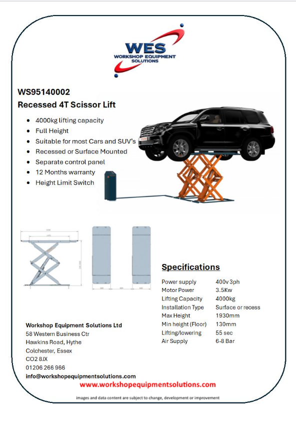 WS95140002 Recessed 4T Scissor Lift product sheet with lift photograph and technical drawings