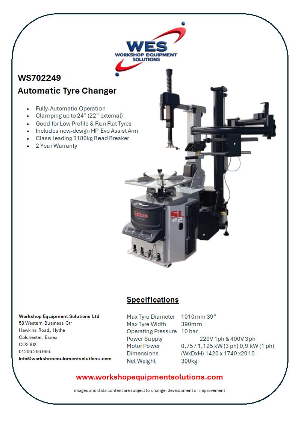 WS702249 Automatic Tyre Changer product sheet