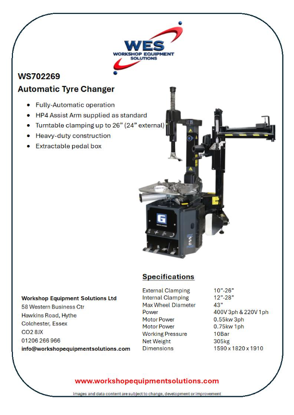 WS702269 Automatic Tyre Changer product sheet