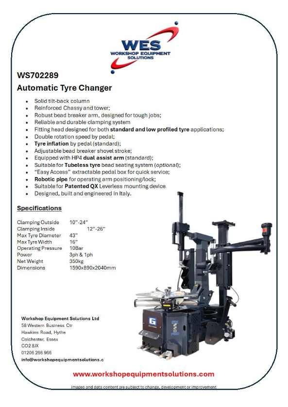 WS702289 Automatic Tyre Changer product sheet