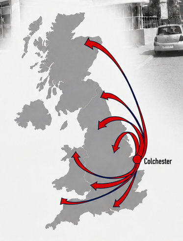 Map showing Workshop Equipment Solutions coverage from Colchester across the UK