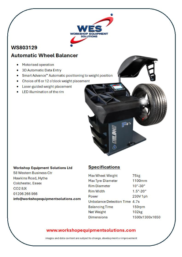 WS803129 Automatic Wheel Balancer product sheet